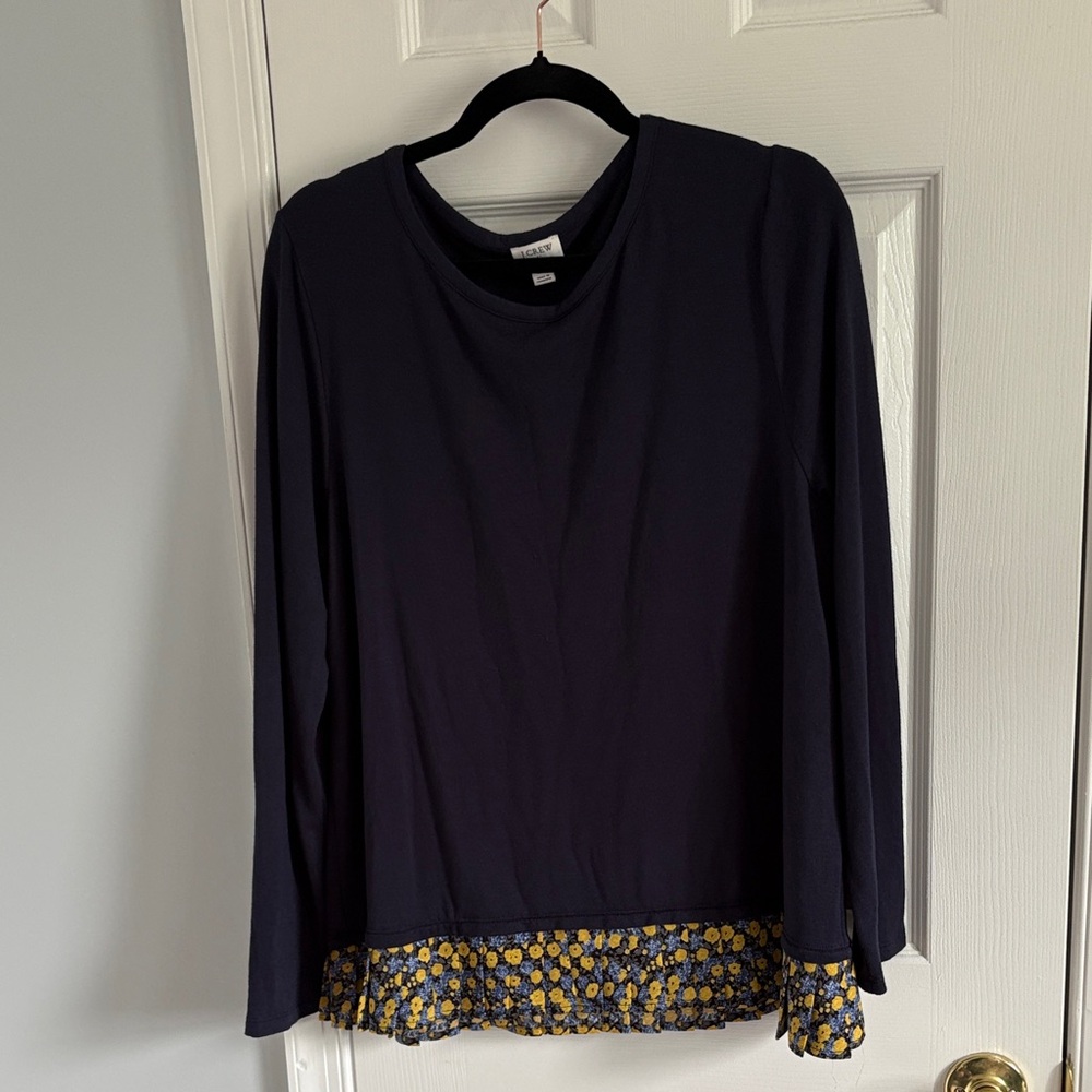J. Crew Navy Modal Blend Sweater with Yellow Pleated Floral Hem Size XL